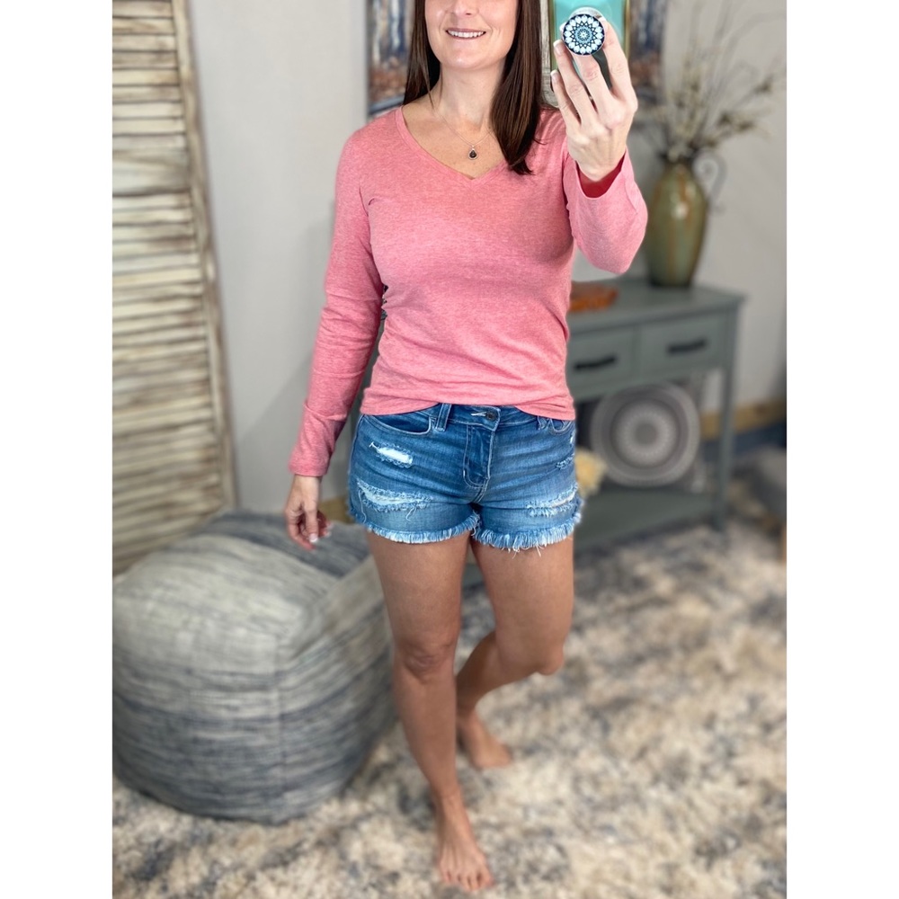 β€οΈβπ₯V-Neck Long Sleeve Basic Slimming Top Marbled Red 1222 - Picture 3 of 12